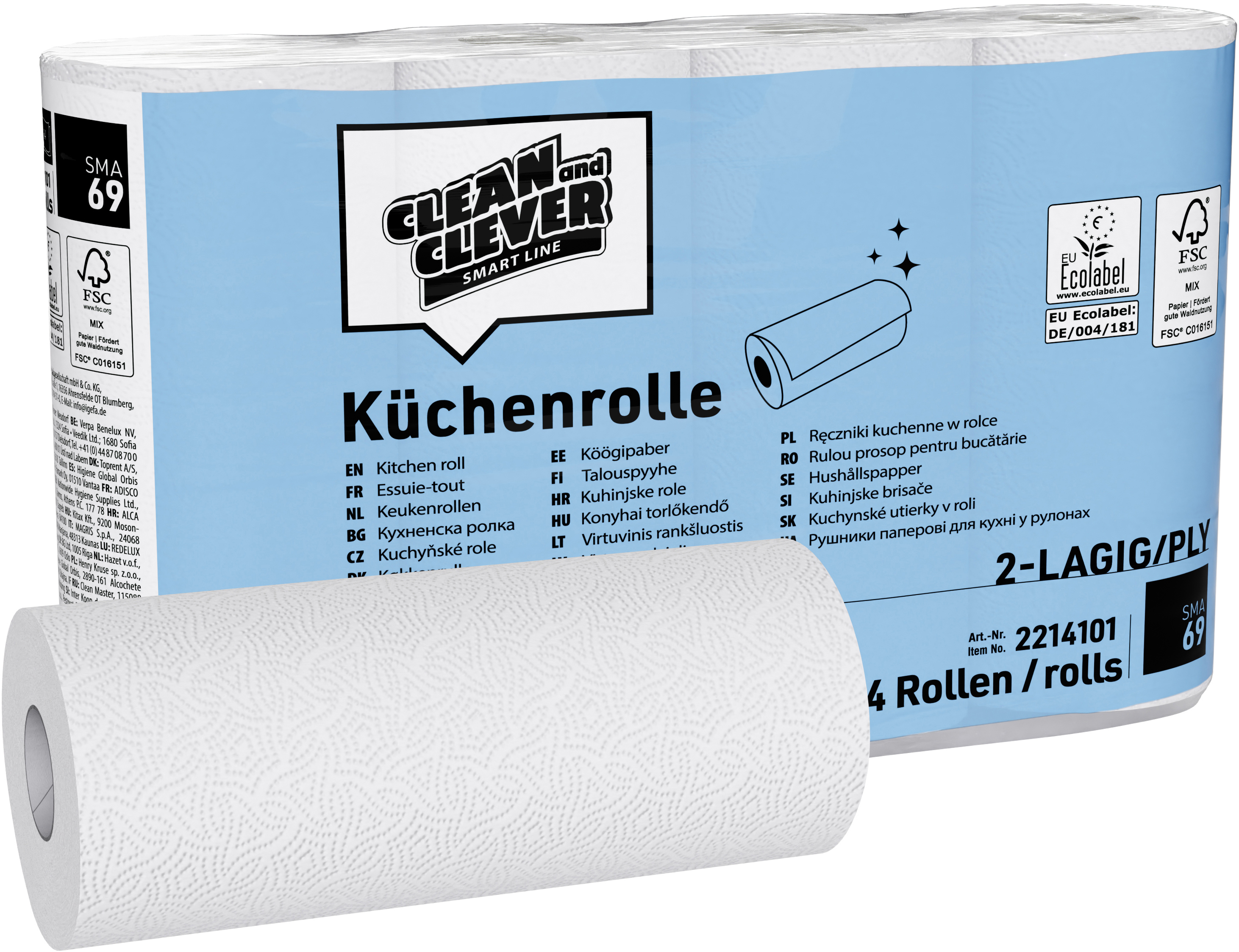 CLEAN AND CLEVER Haushaltrollen 2-lagig 23x22cm 40022 hochweiss 64 Blatt, 32 Rollen