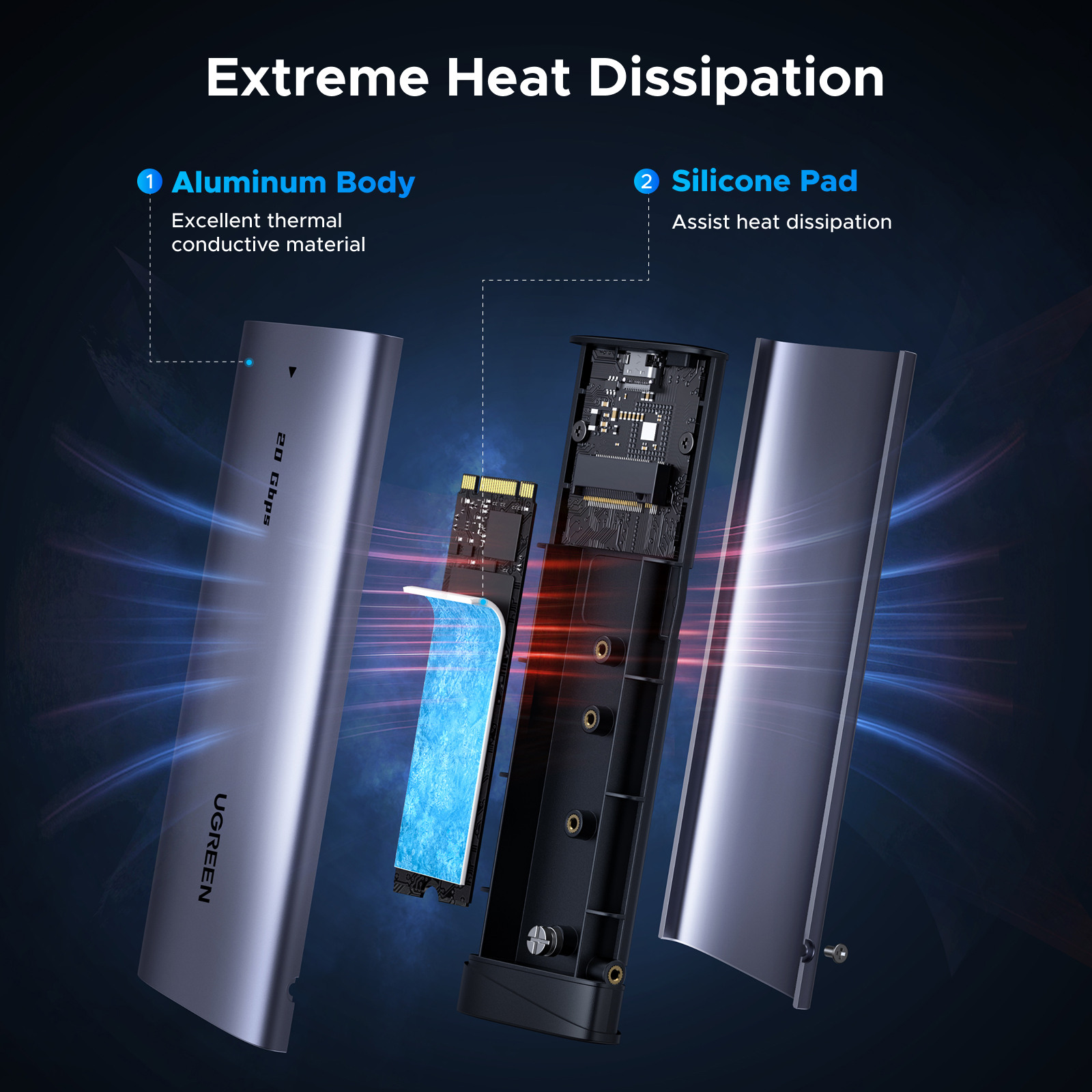 UGREEN SATA SSD Enclosure, M.2 NVMe 55150 1x USB C, Space Gray