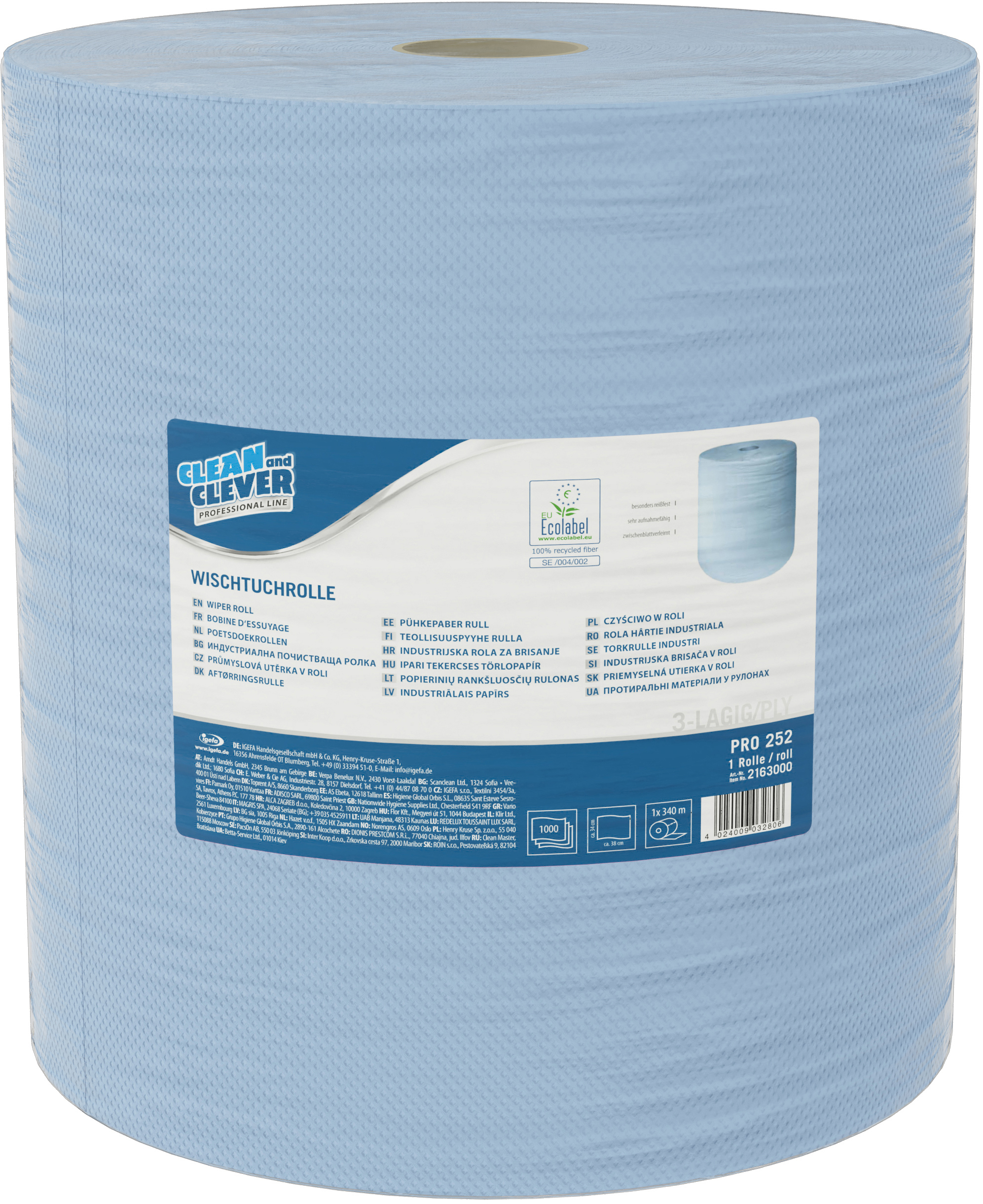 CLEAN AND CLEVER Putztuchrollen 3-lagig 38x36cm P1673 Maxi, blau, recycling