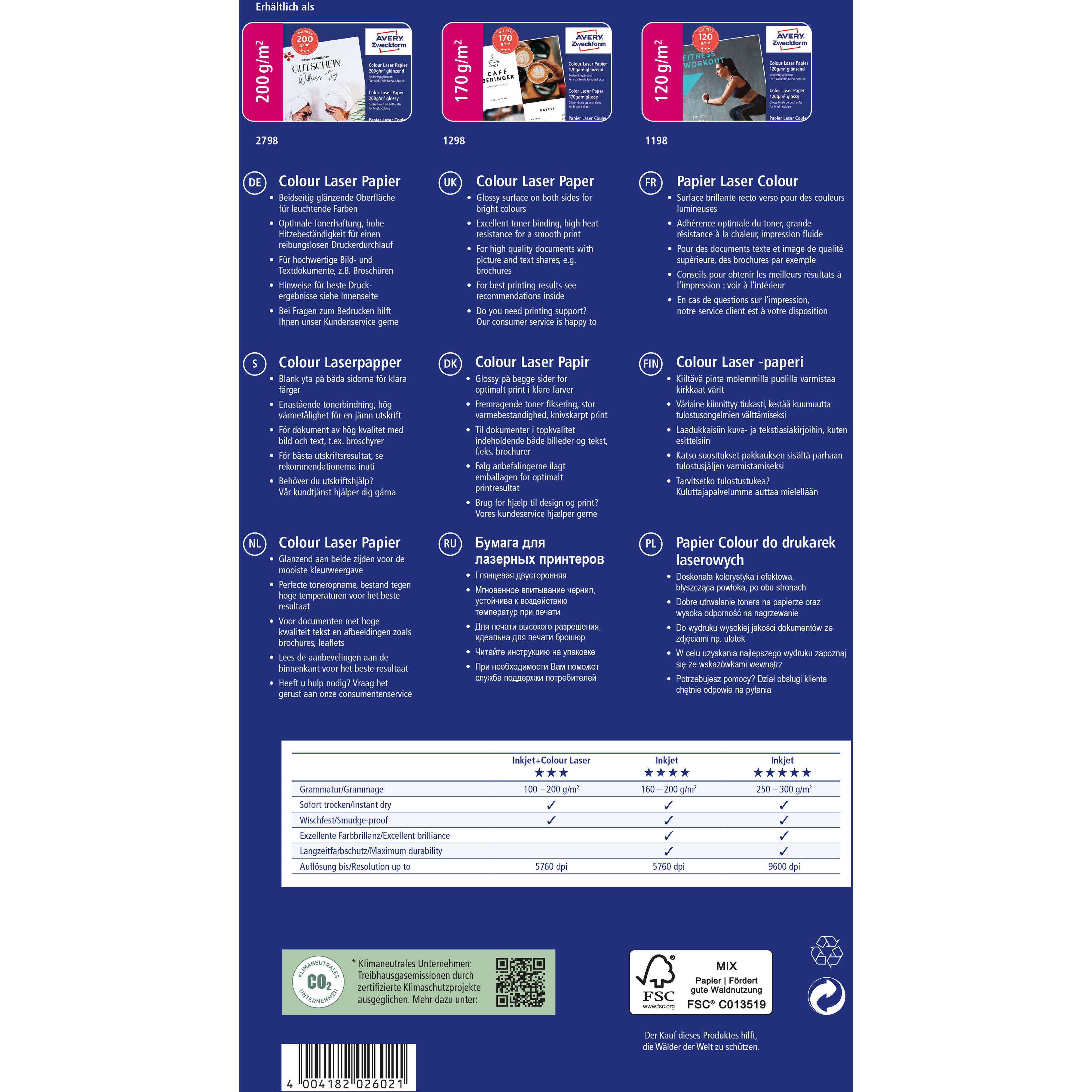 AVERY ZWECKFORM Laser Fotopapier A4 2798 200g, weiss 100 Blatt