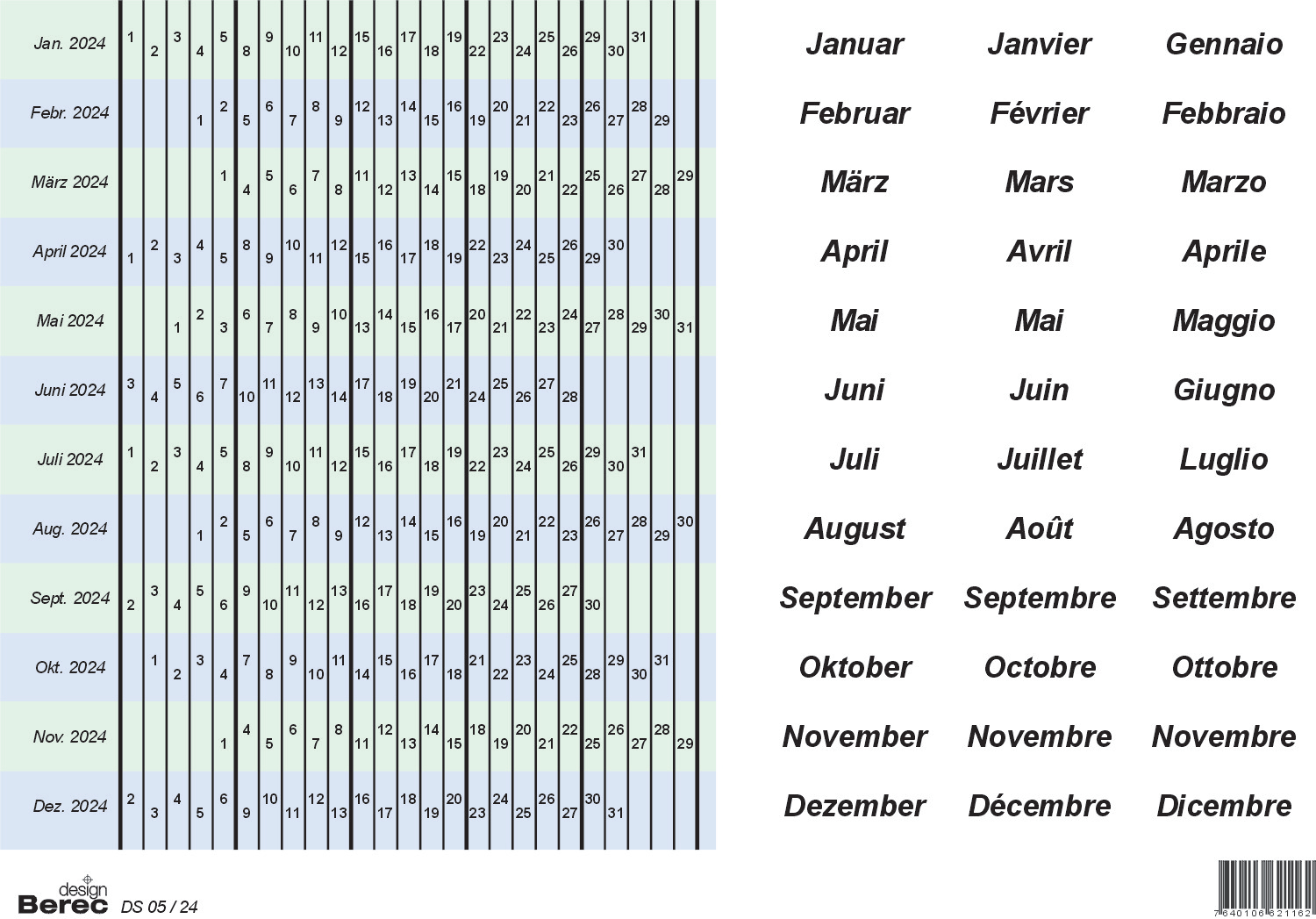 BEREC Datumsstreifenset 2025 DS05/25 selbstklebend 5-Tage-Woche