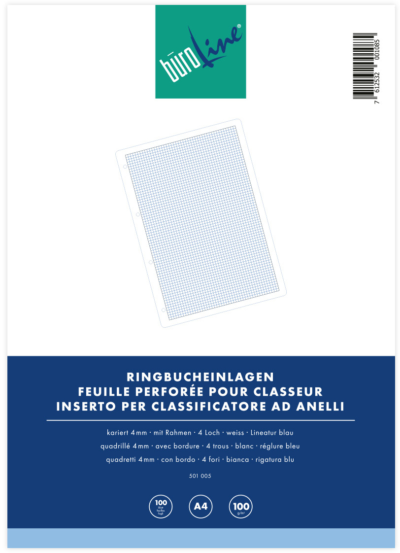 BÜROLINE Ringbucheinlagen A4 501005 kariert, 4mm, 100g 100 Blatt