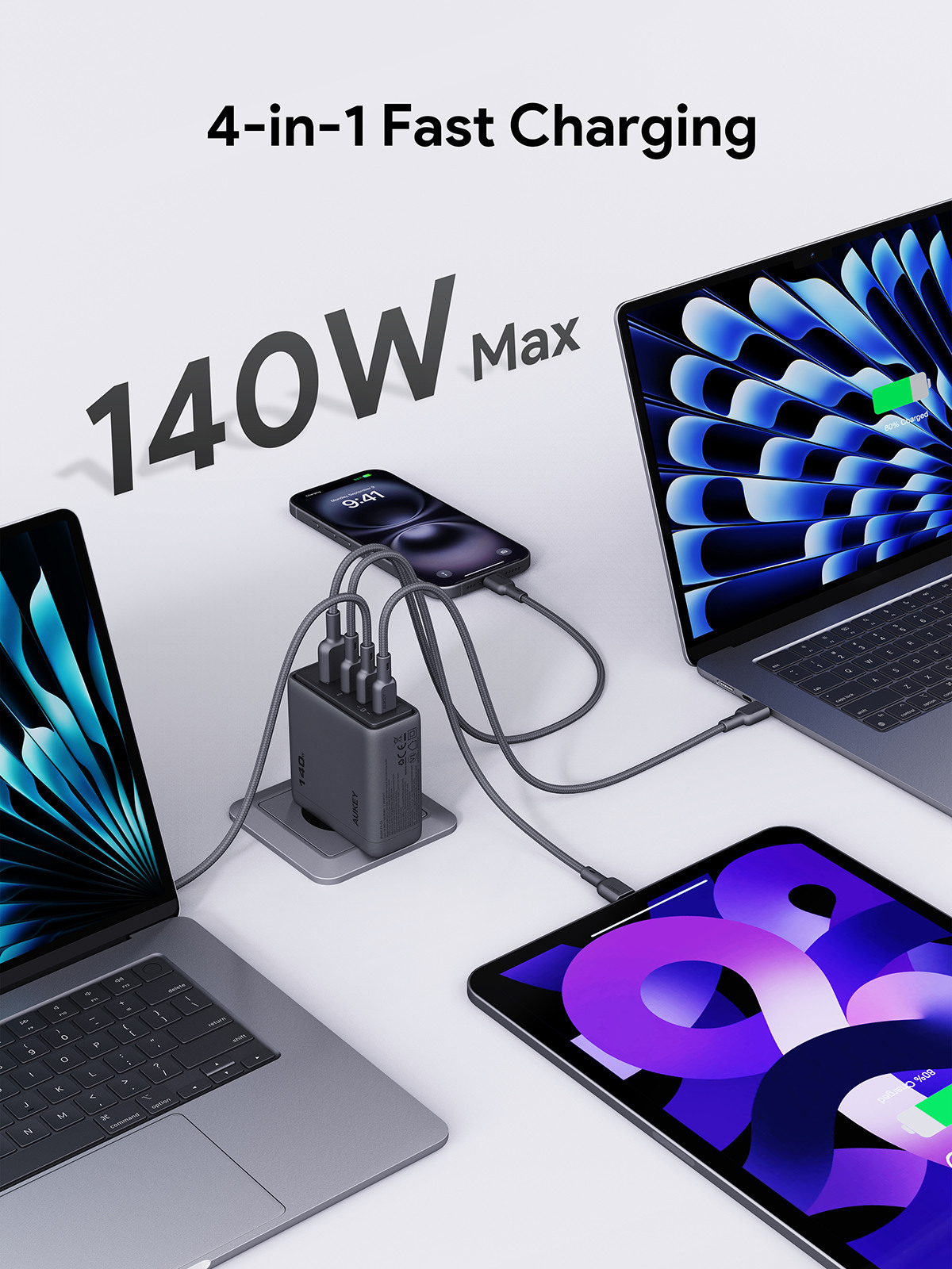 AUKEY Comet Mix 140W GaN PD PA-C6 3-Port, Wall Charger Grey