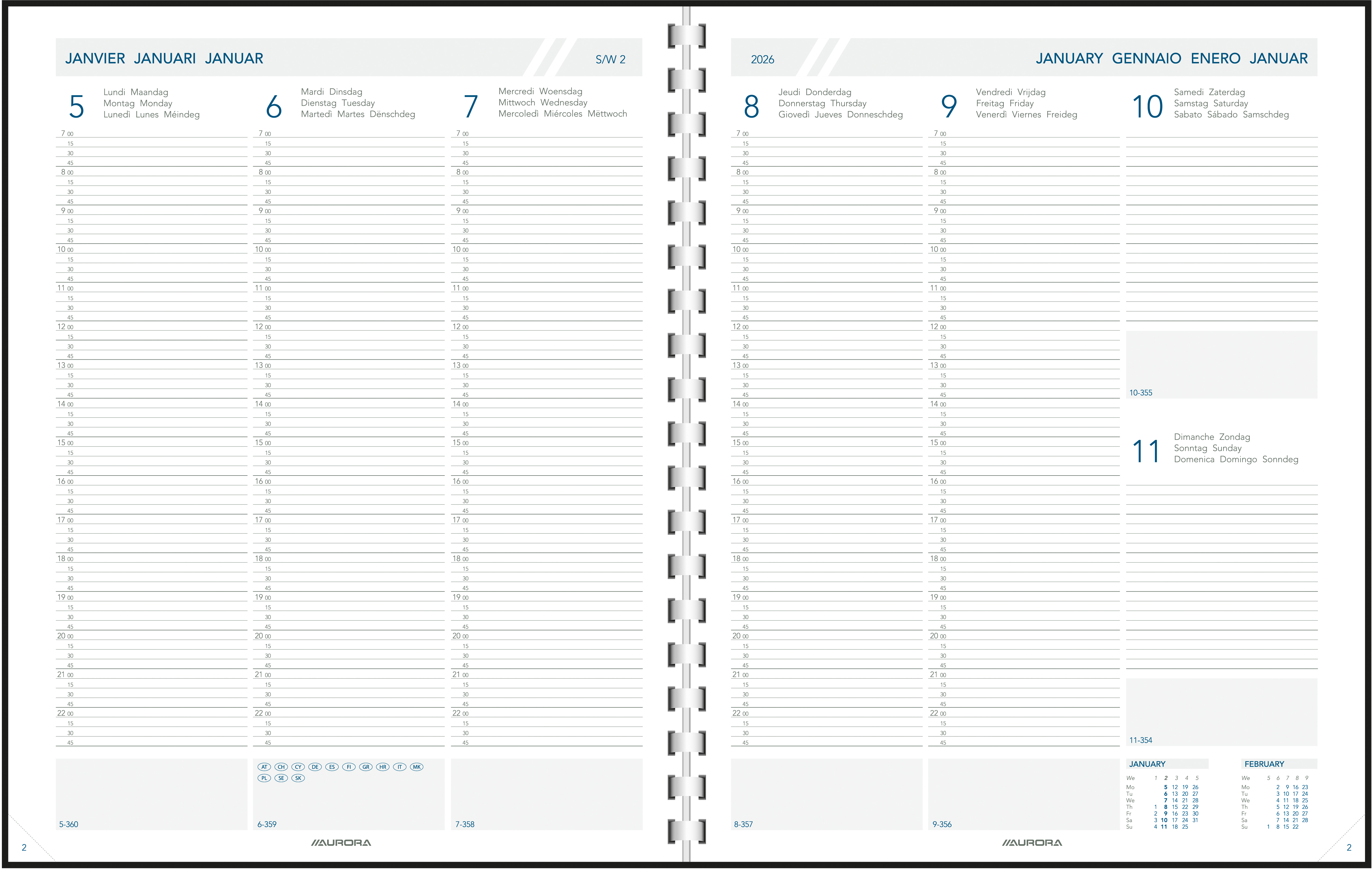 AURORA Agenda Plan a Week PAW 2026 2700P 1W/2S ML 21.5x27cm